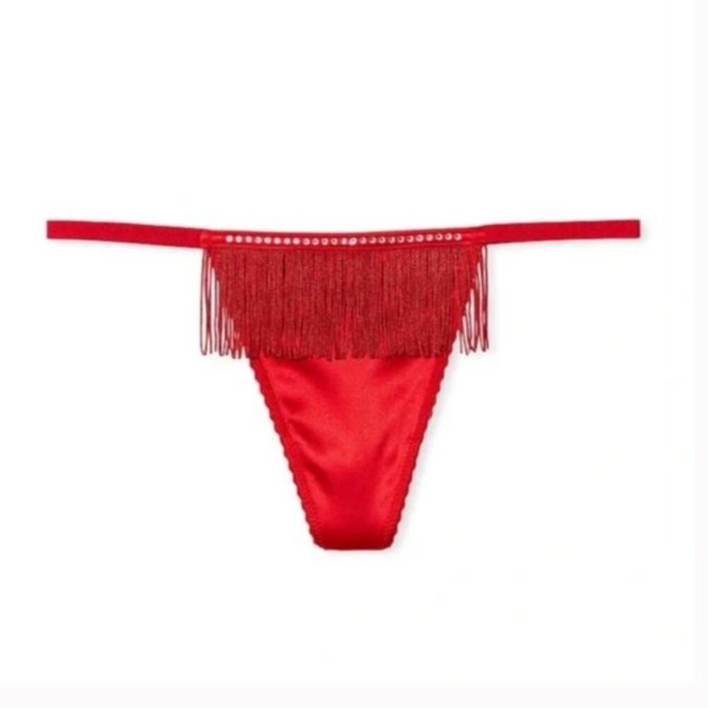 Victoria's Secret Very Sexy Fringe Studded Red Satin V-String Panty Thong